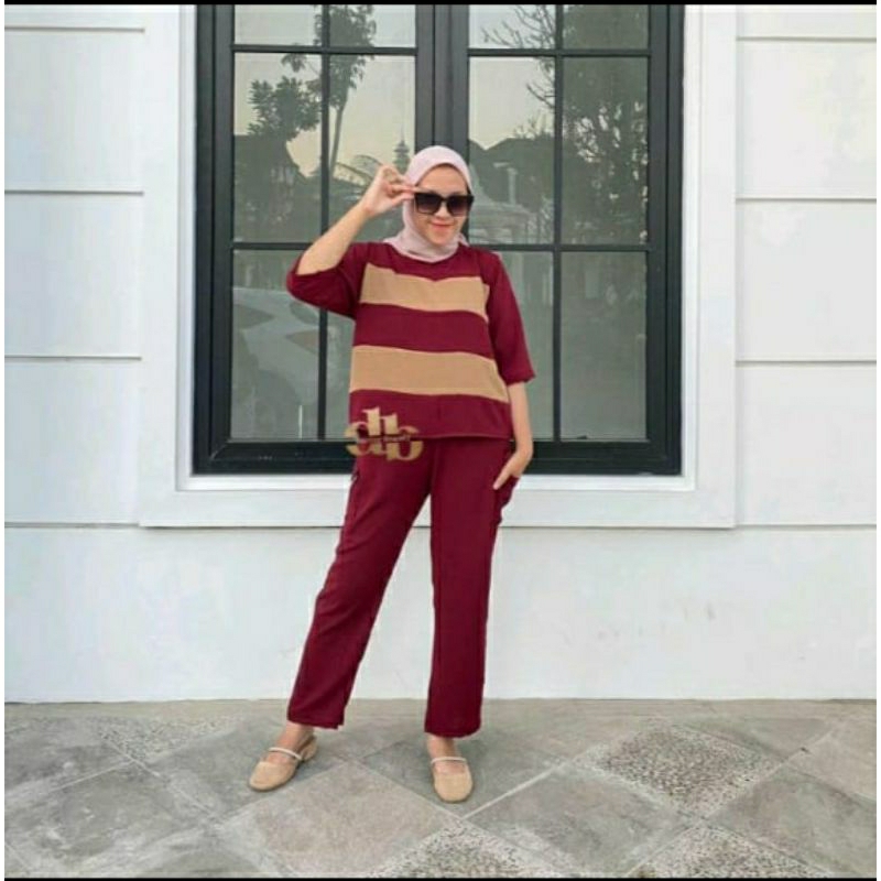 0000038 oneset baju setelan wanita celana cargo kulot atasan kombinasi oneset hijab muslim remaja cr