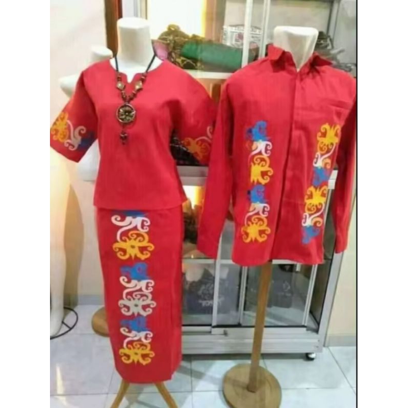 SET COUPLE BLUSE DAN ROK SPAN MOTIF CUMI KALIMANTAN SETELAN BAJU TENUN MURAH