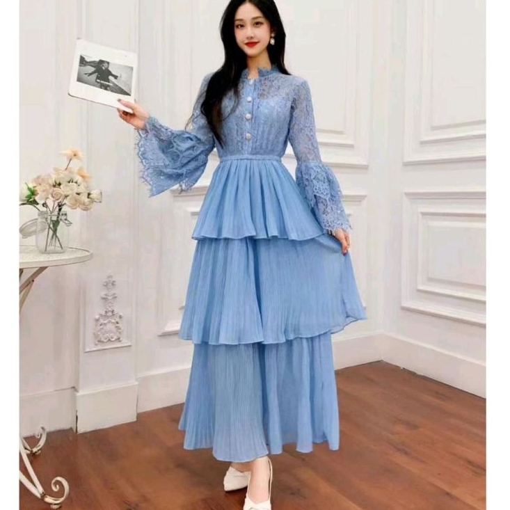 91955 Baju maxidress longdress PAMEELA LACE BROKAT TIERED REMPEL susun tingkat dres Korea Korean sty