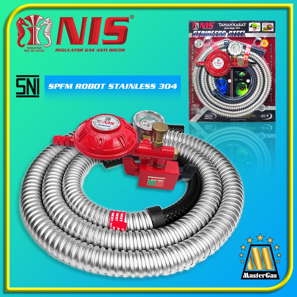 SELANG GAS NIS PAKET FLEKSIBEL STAINLESS 304 + REGULATOR GAS METER ROBOT DUA PENGUNCI KHT+M NI 0307 