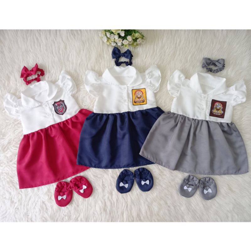 Baju Bayi Dress Seragam Anak Sekolah SD SMP Baju SMA Anak Kecil Set Bandana Sepatu