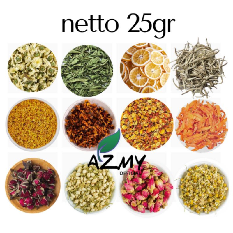 

25GR LAVENDER SAFFLOWER CHAMOMILE MIMOSA JATI CINA GLOBE AMARANTH OSMANTHUS PEPPERMINT LILY FORGET ME NOT ROSELA TELANG JASMINE ROSEBUD STEVIA WHITE TEA PEONY PEACH APPLE BLOSSOM TEH KEMASAN SACHET FLOWER TEA TISANE BUTTERFLY PEA GOJIBERRY LEMON SLICE