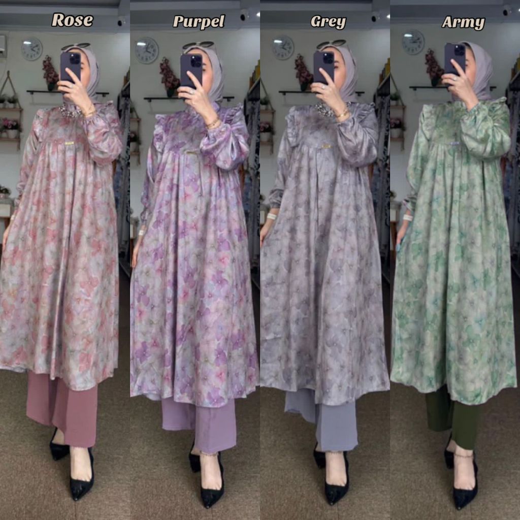 YUNA SET TUNIK SILK IMPORT - SETELAN LONG TUNIK SILK MOTIF NEW CELANA CRINKLE - ONE SET WANITA TERBA