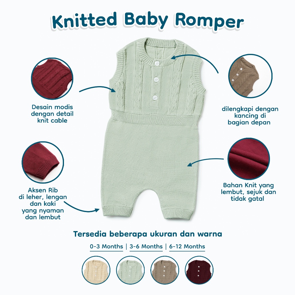 Nice Kids - Knit Baby Romper (Pakaian Bayi Unisex Onesie 0-12 Bulan) Jumper Bodysuit Bayi Rajut Tebal Hangat