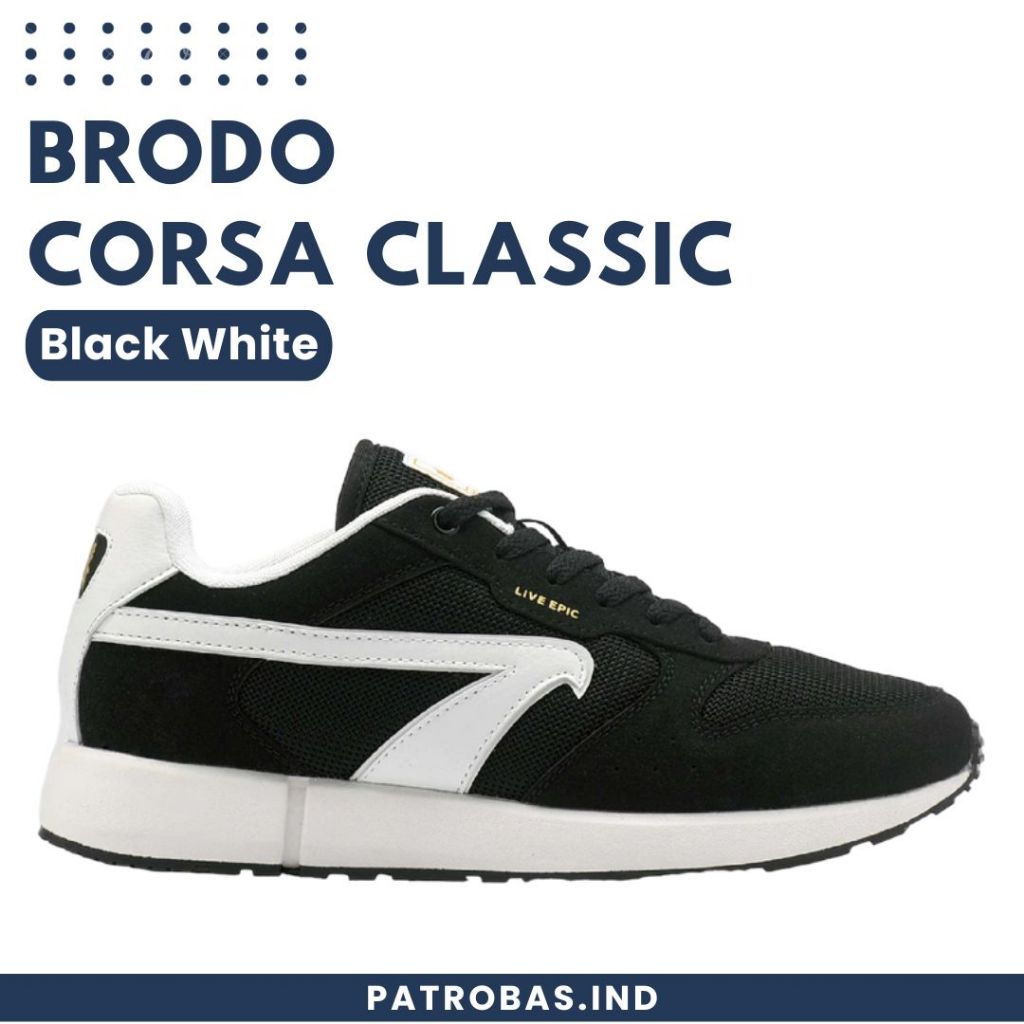 BRODO Corsa Classic Black White Original Sepatu Sneakers Sport Casual Pria Hitam Putih