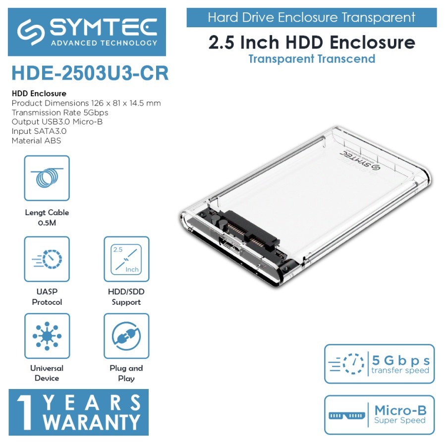 SYMTEC 2.5" USB 3.0 HDD SSD Enclosure Casing Transparent - HDE-2503U3