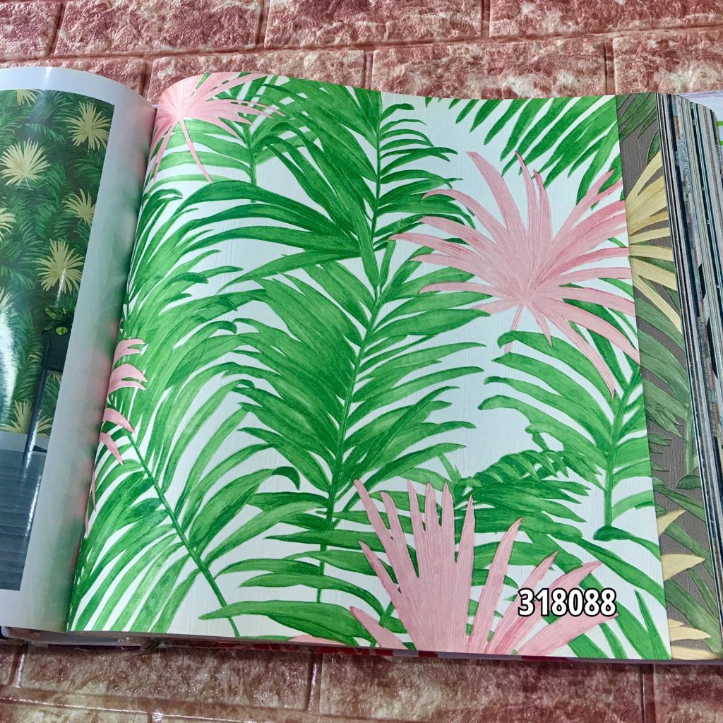 Wallpaper Dinding Daun Bunga Hijau Pink Cream Simple 3D Private