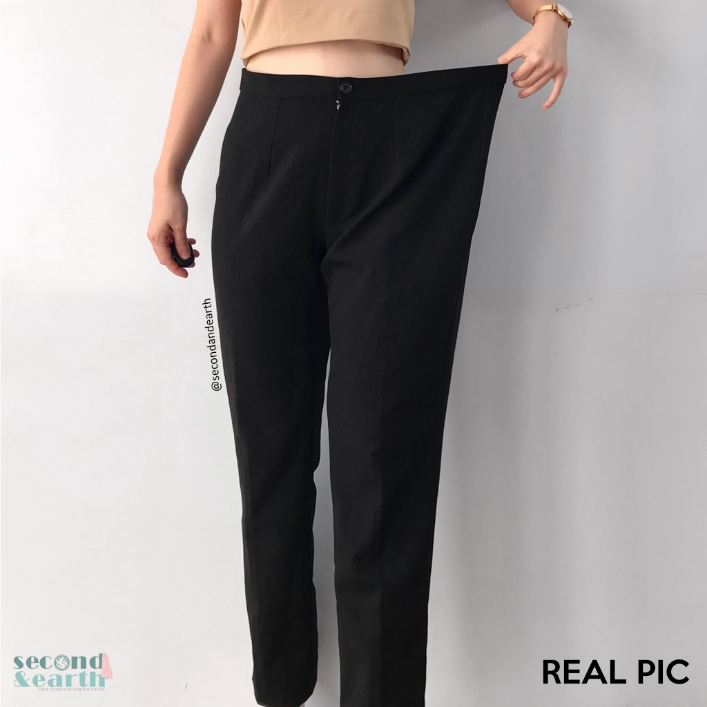 AnnDesignCelana Panjang Katun Linen (XL) Celana Kerja Wanita Low Waist Lurus Hitam Polos Pants Trous