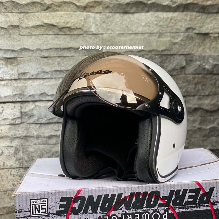 Helm Vespa Italy Bogo Retro Limited Edition Xential White Innocenza Putih + Kaca Visor Original