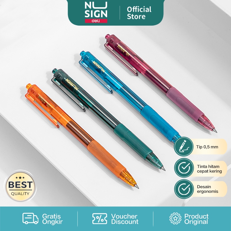 Deli Nusign Gel Pen / Pulpen Gel Cetek 0.5mm Warna Tinta Hitam Dengan Rubber Grip NS561