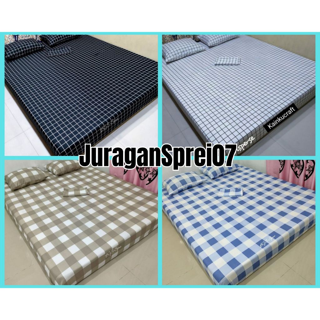 Sprei Set Sudut Karet Motif Kotak Aesthetic Ukuran 180x200 | Sprei Motif Katun Adem Anti Luntur | Sp