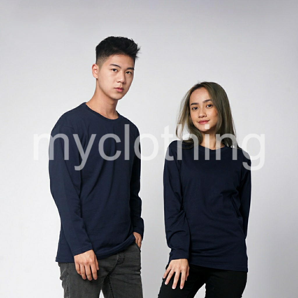 Kaos Biru Navy Polos Lengan Panjang Premium Pria Wanita Biru Dongker