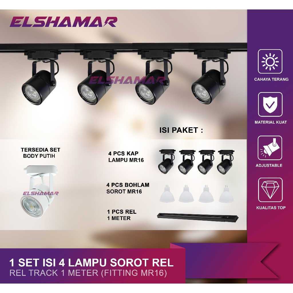 Lampu Sorot Rel Paket Lampu Sorot Rel Tracklight 1 Meter 4 Spot LED Adjustable Bisa Ganti Bohlam Pak