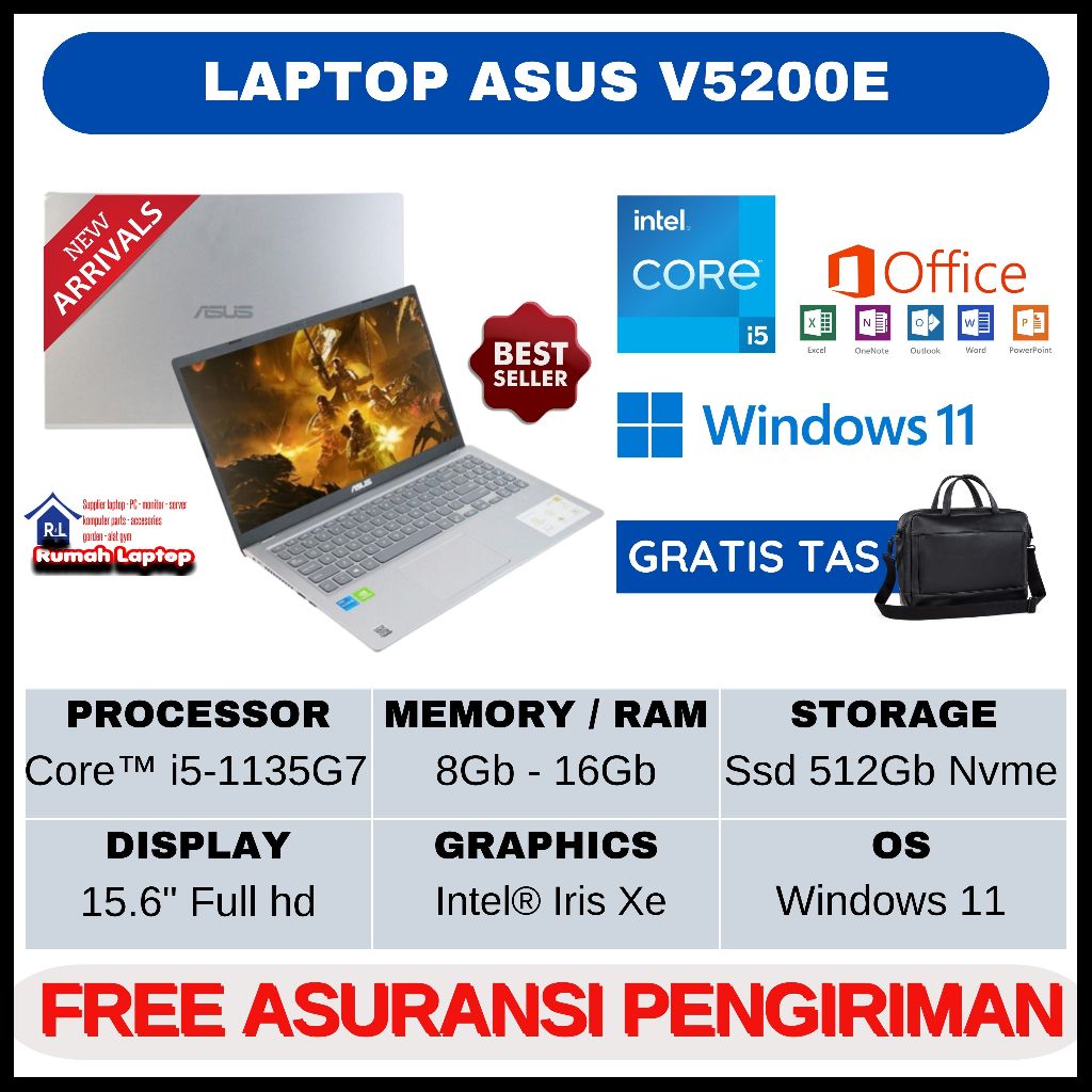 TERBARU Laptop Asus Vivobook V5200E Core i5-1135G7 Ram 16gb Ssd 512gb 15.6" Fhd VGA MX330 Windows 11 Gaming