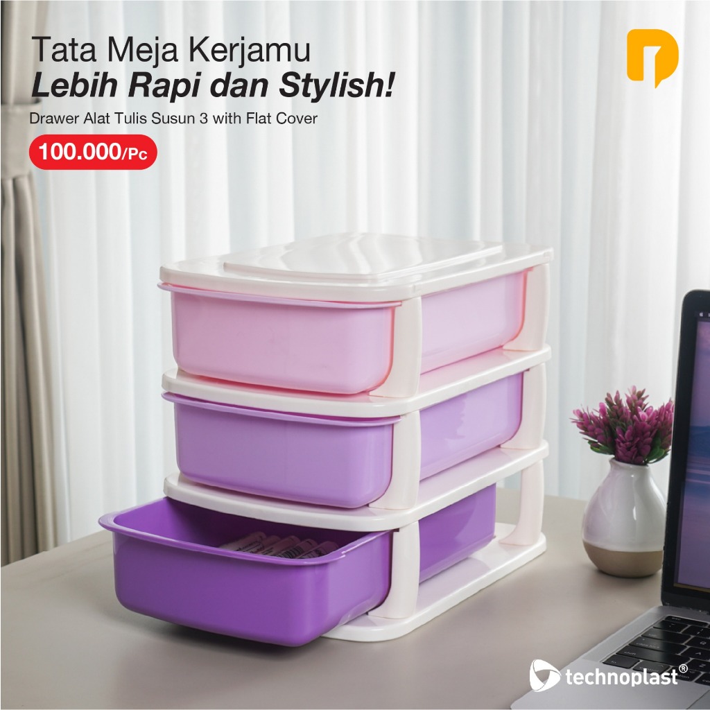 Technoplast Drawer Alat Tulis Susun 3 With Flat Cover | Laci Meja | Rak Meja | Stationery organizer 