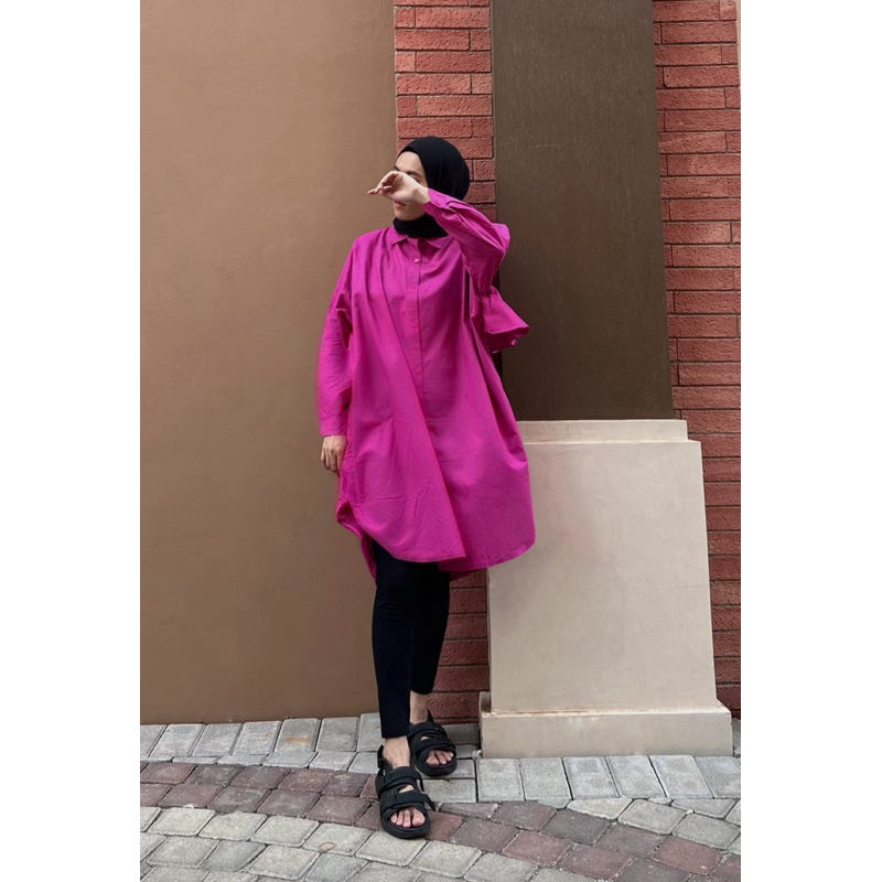 Pink Fuchsia Adeeva/ TUNIK/ KEMEJA/ OVERSIZED/ DROP SHOULDER TUNIK/ MIDI DRESS/ KEMEJA KATUN POPLIN