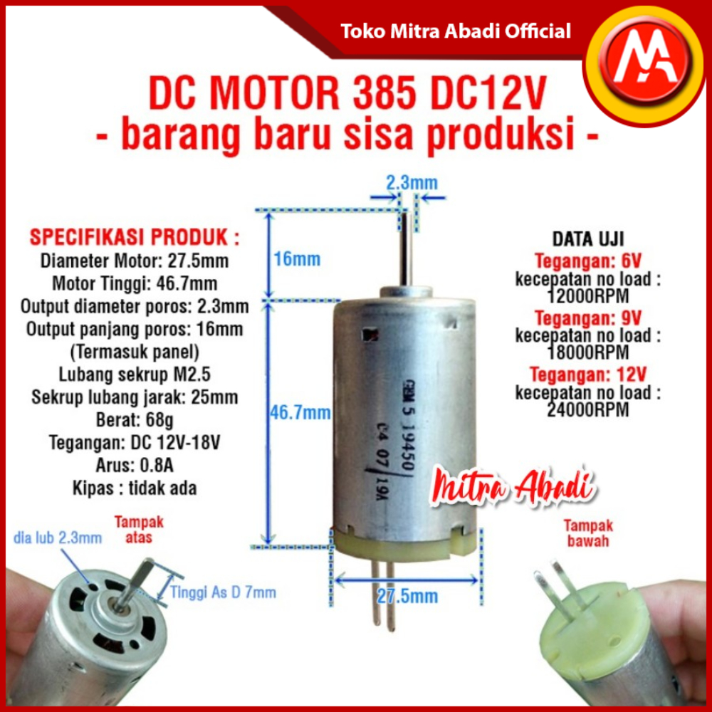 DC Motor Dinamo Kecil 385 DC 12V 15W Axis As 2.3mm 2.35mm NO FAN