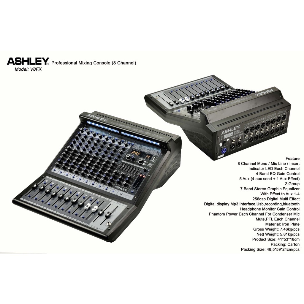 Mixer Ashley V8FX Original 8 Chanel Fitur Lengkap Mixer Audio Balap Bonus Packing Kayu
