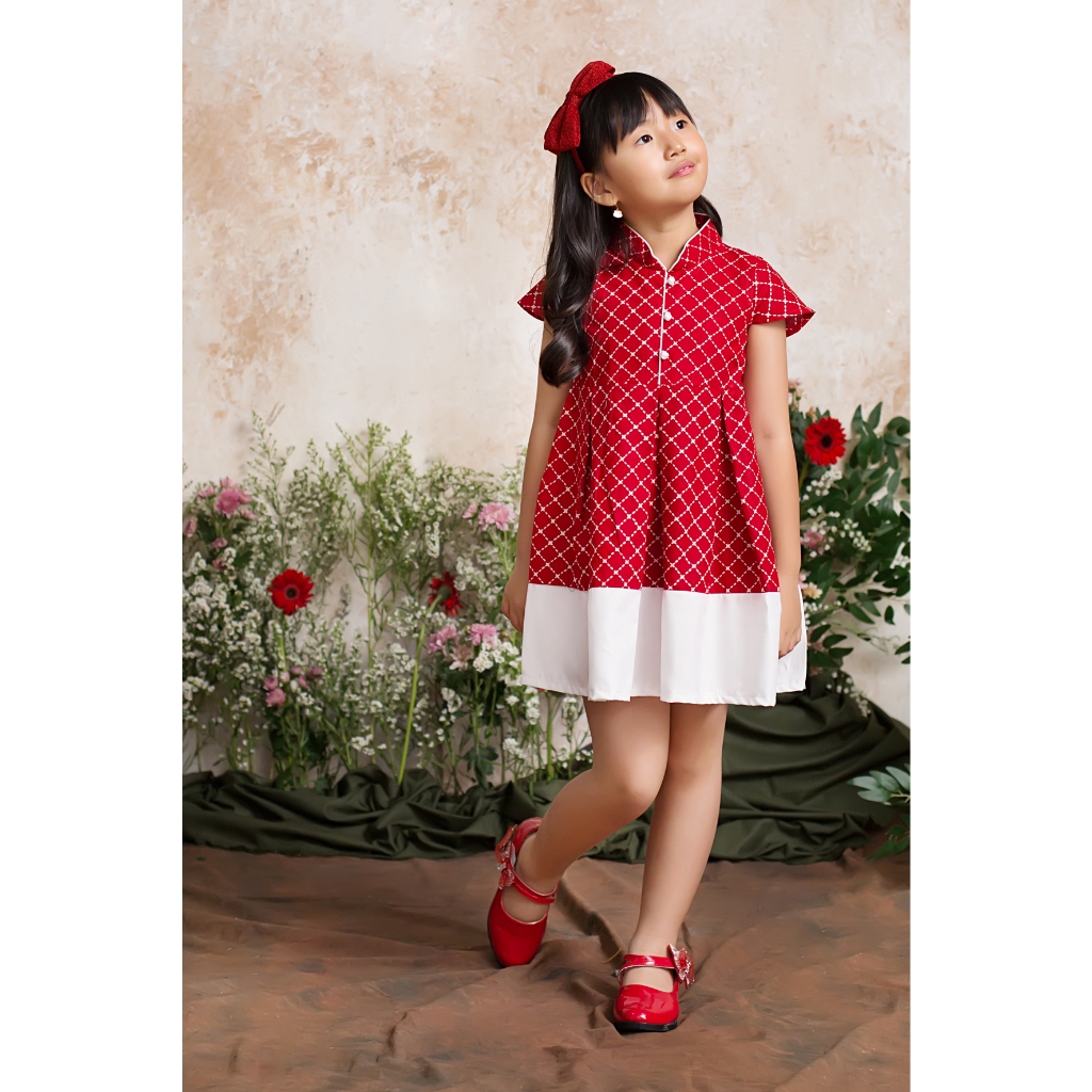 Qiao Dress Dres Batik Anak Perempuan Cewek Cheongsam Imlek  Merah Putih Biru Navy Modern Premium