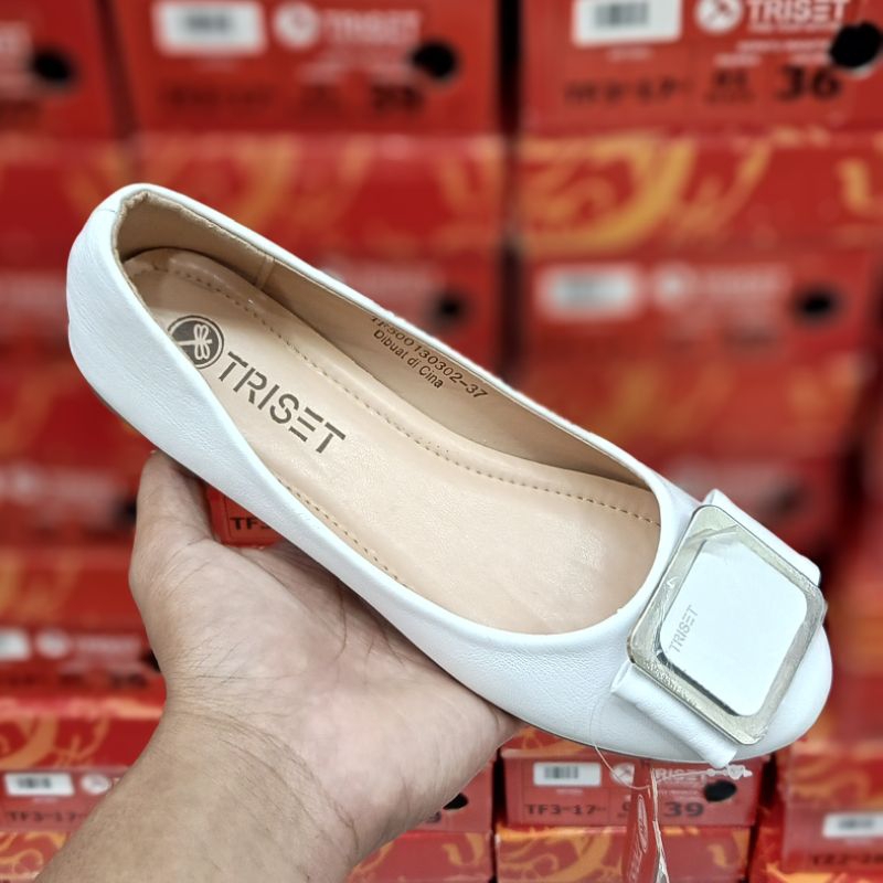 FLAT SHOES TRISET WARNA PUTIH BERSIH RINGAN LENTUR ELASTIS || SEPATU FLAT WANITA ANTI SLIP ANTI LICI
