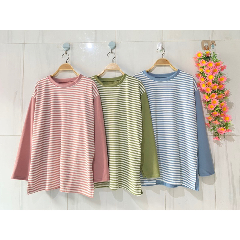 51 kaos wanita salur atasan wanita salur kaos  knit import atasan wanita jumbo oversize tangan panja