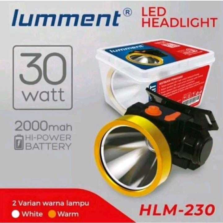 Senter Kepala Lumment 230 Senter Kepala LED 30 Watt Head Light Cahaya Putih & Kuning Rechargeable