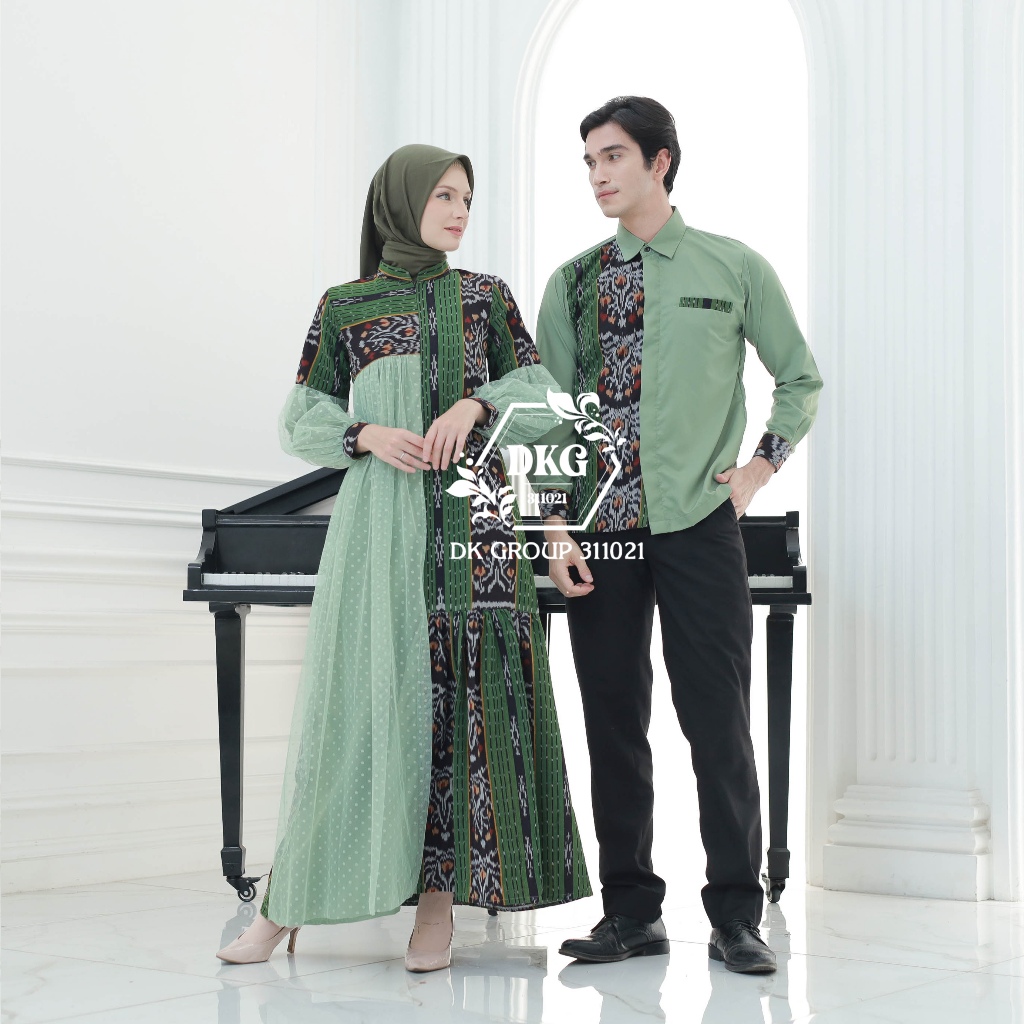 [READY STOCK] Set couple kemeja gamis raya motif num sage couple ethnic tenun troso baju prewed pasa