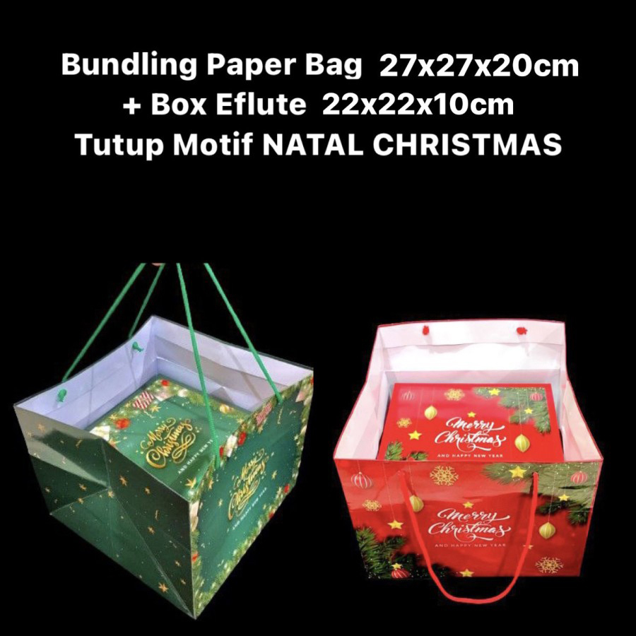 

5 Paket Bundling Paper Bag 27x27x20cm+Box Eflute 22x22x10cm Tutup Motif Natal Parcel Merry Christmas