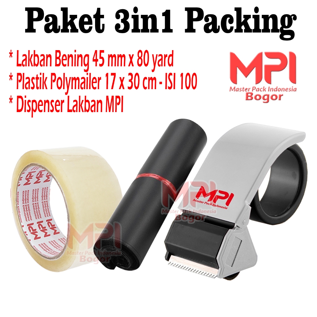 

Paket 3in1 Packing - Lakban Bening 80 yard + Plastik Polymailer 17 x 30 isi 100 + Dispenser Lakban - Master Pack Indonesia Bogor