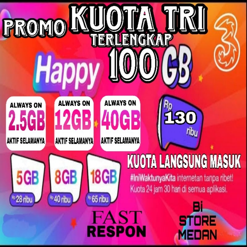 KUOTA TRI AON,HAPPY,PURE UNLIMITED Nasional Termurah