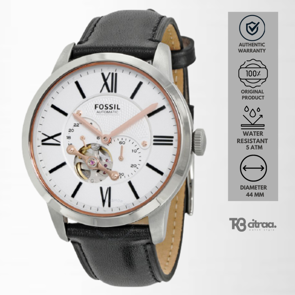 jam tangan fossil automatic pria townsman analog strap kulit cowok chronograph black hitam leather water resistant casual elegant original ME3104