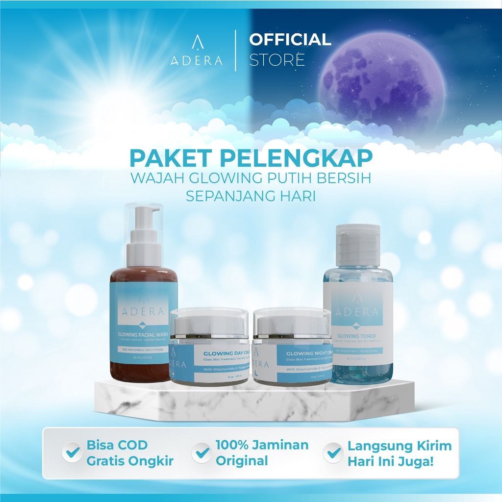 Paket Adera Cream, Facial Wash, Toner, Wajah Glowing Putih Bersih Bebas Jerawat Kusam Flek Bintik Hi