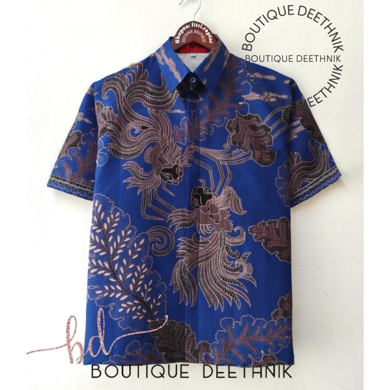 Deethnik Baju batik pria warna biru motif ikan baju batik pria mewah lengan pendek