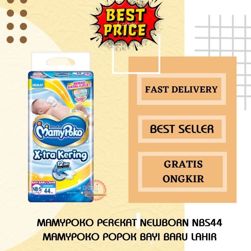 MAMYPOKO POPOK BAYI PEMPERS BARU LAHIR NEW BORN PEREKAT NB S 44 POPOK SEKALI PAKAI MURAH NBS44
