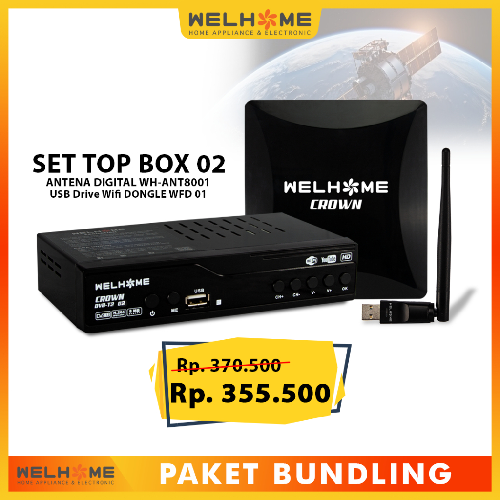 PAKET BUNDLING Welhome Set Top Box DVB-T2-02 + Welhome Antena ANT8001 +Welhome USB Drive Wifi Dongle