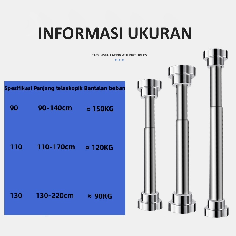 Tiang Gorden Fleksibel Batang Pengering Pakaian Yang Dapat Ditarik Pemasangan Tanpa Pelubang Batang Kamar Mandi Batang Lemari Pakaian  Tiang Serbaguna