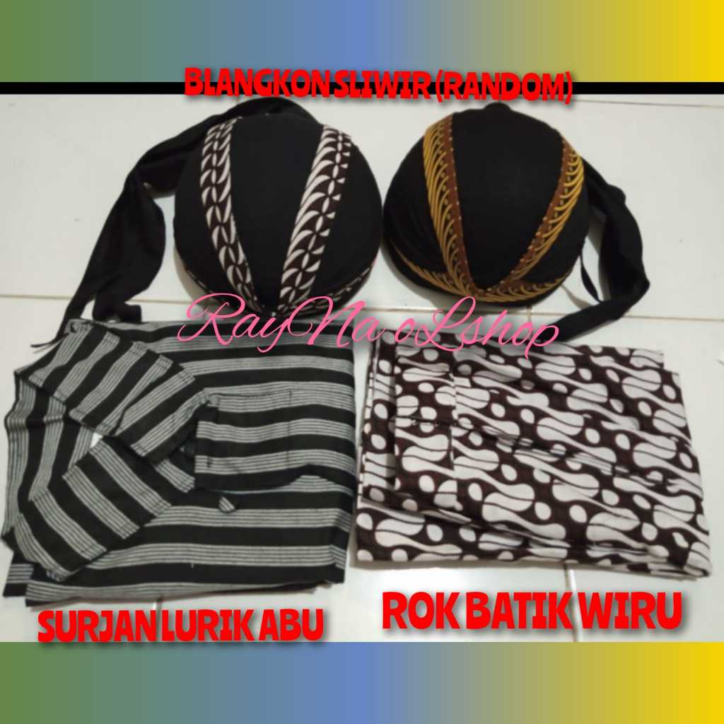 1 SET BAJU SURJAN LURIK ABU + BLANGKON SLIWIR + ROK BATIK WIRU INSTAN, PAKAIAN TENUN PRIA MODERN KLA