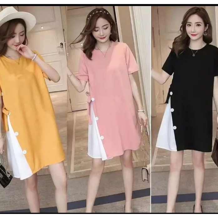 Terkini!! Bumil Button 645 Pink / Kuning / Hitam / Daster Hamil / Baby Doll / Baju Hamil / Gaun Bumi