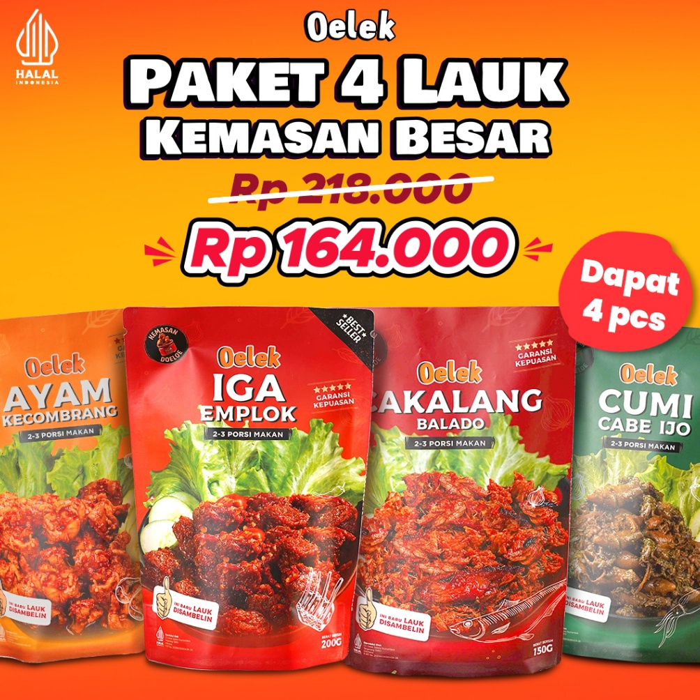 

Promo Oelek Paket 4 Laoek / Iga Emplok / Cakalang Balado / Cumi Cabe Ijo / Ayam Kecombrang / Lauk Siap Saji