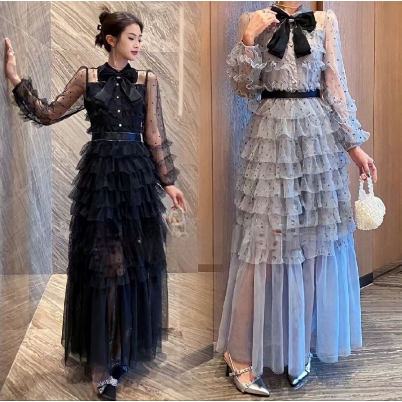 dress lace mesh transparant long dress korean ruffle rok skirt long sleeve pesta acara kostum gown e