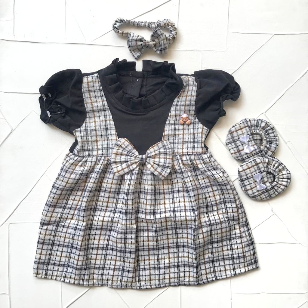Baju Anak Bayi Perempuan Dress Set 0 6 bulan kotak tweed bross fashion anak bayi cewek lucu