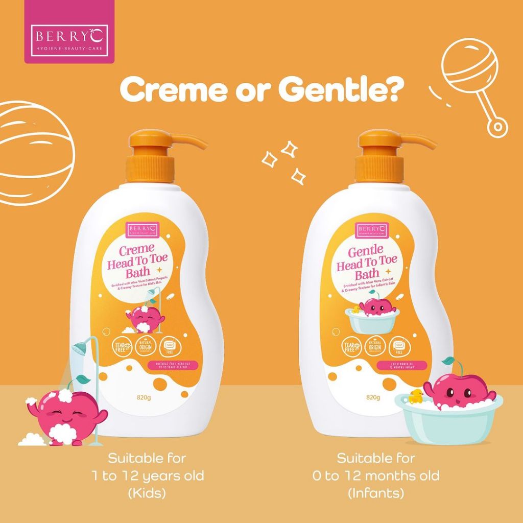 BerryC Creme Head to Toe Wash Kids Care Natural Sabun &amp; Shampo 3in1 Perawatan Kulit Sensitif Anak Aman Untuk Eczema Sensitive Skin Kering Dry Normal Active Harum Wangi Soap Shampoo Baby Kids Children Care Organic Organik Rambut Pelembab Moisturizer Creamy