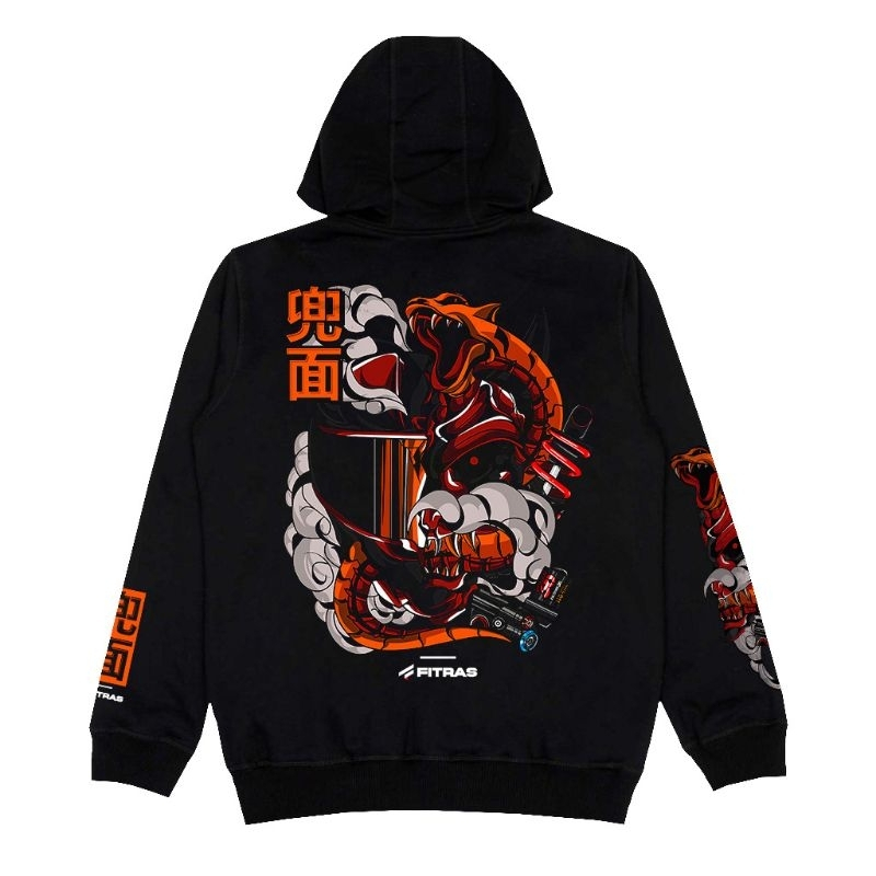 Sweater Hoodie Sunmori Pria Wanita Motif Oni Helmet Warna Hitam M L XL XXL