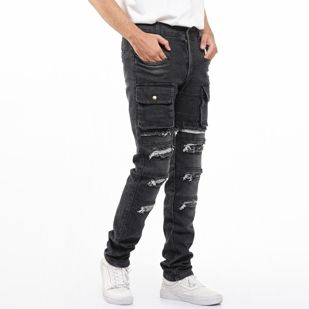 Bootloop - Riped BlackWash - Celana Denim Jeans Pria Cargo Riped Destroyer