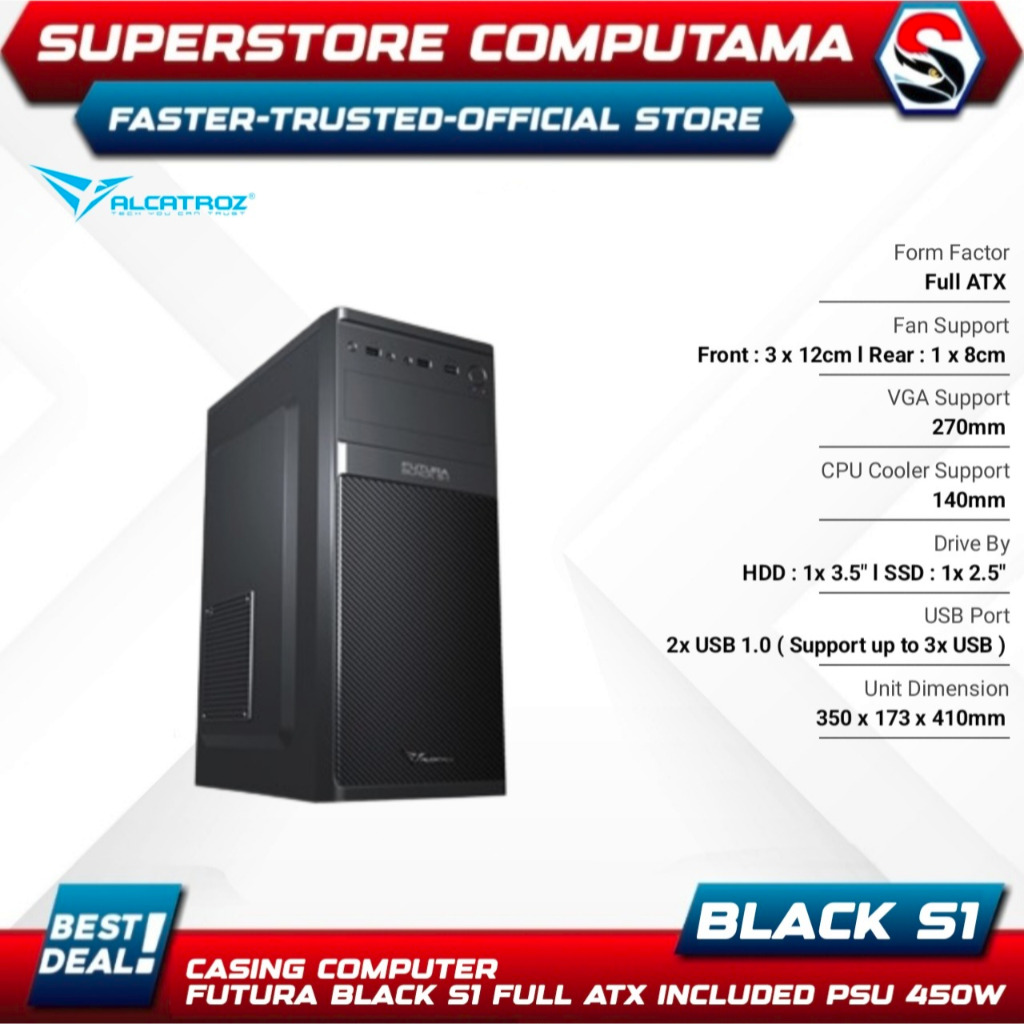 Casing Alcatroz Futura Black S1 Case Full ATX Inclued Power Supply