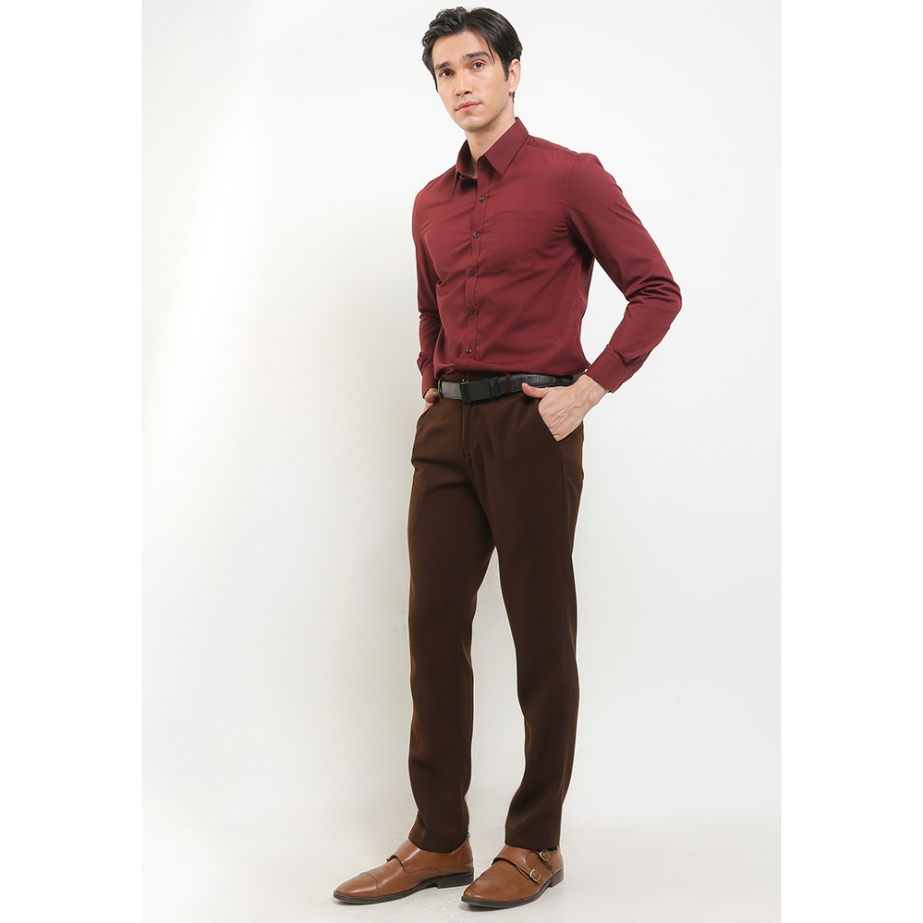 ZL 75003 Zanetti Kemeja Basic Polos Slim Fit Lengan Panjang Maroon Red