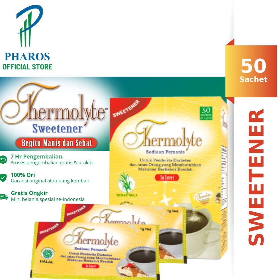 

Makin murah Thermolyte Sweetener - Box isi 50 Sachet @ 1 Gram - Pemanis Pengganti Gula