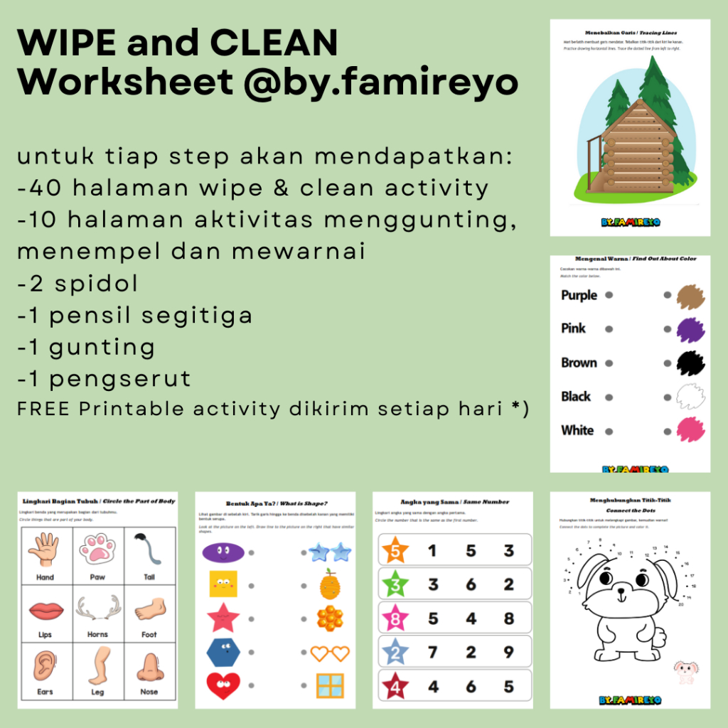 Worksheet TK printable wipe and clean lembar kerja anak Usia 2-3 tahun