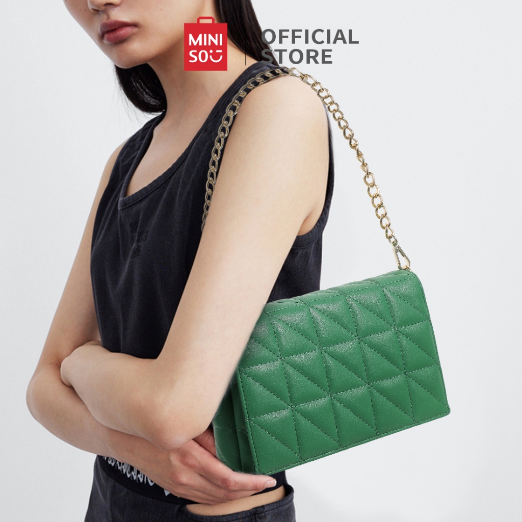 MINISO Tas Selempang Wanita Tas Bahu Persegi Panjang Retro Fashion Tas Selempang Berwarna Hijau Slin
