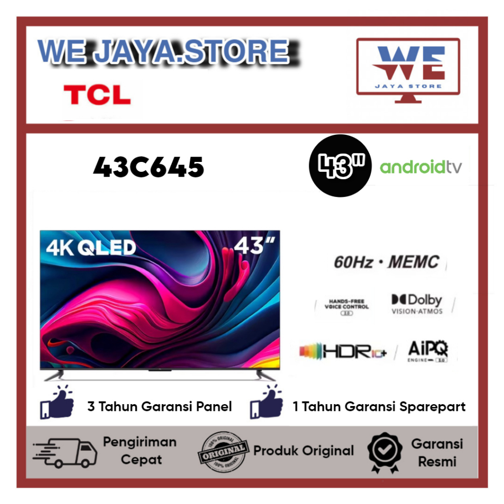 TV LED TCL 43C645 LED TCL 43 Inch QLED TCL 4K Android 11 Series